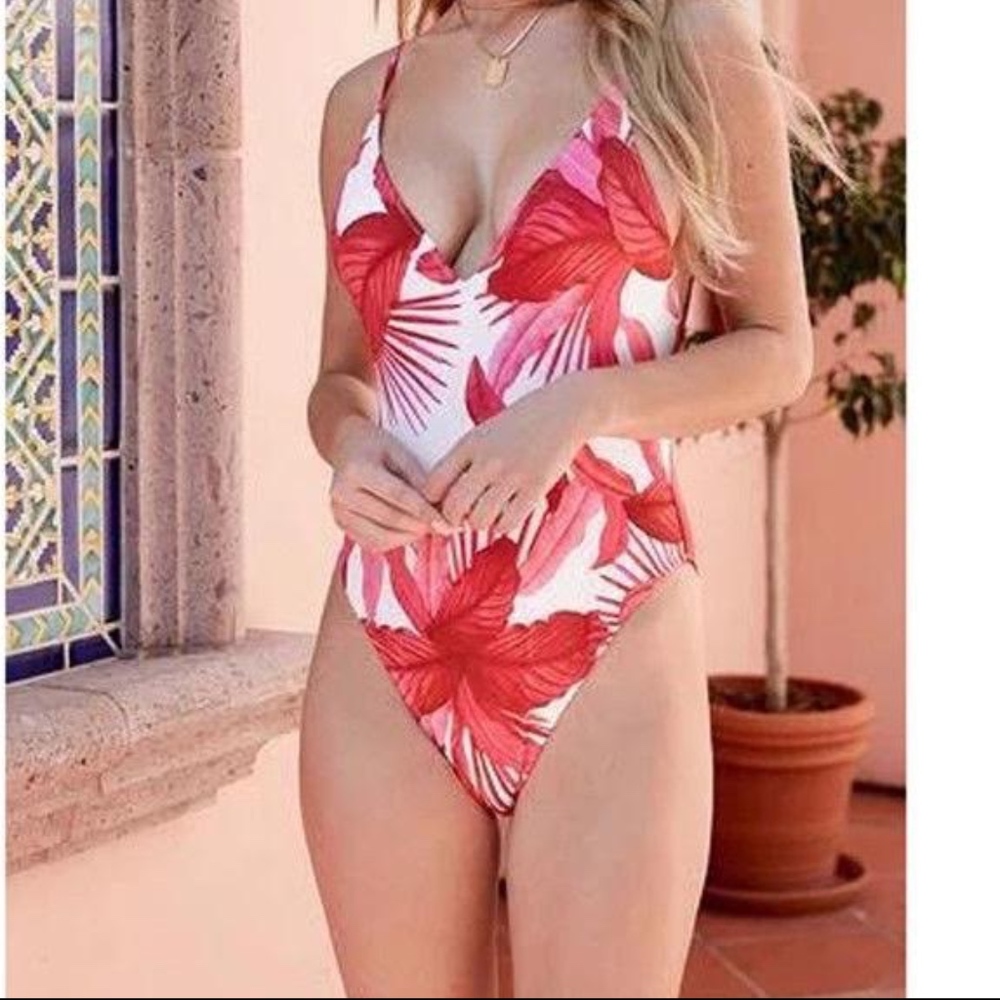 RED TROPICAL FLORAL PRINT ONE PIECE - Picture 4 of 7